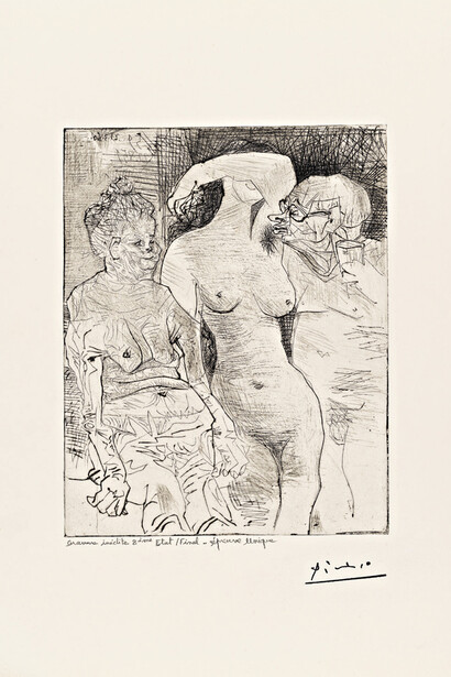 Pablo Picasso
Sabartés con dos mujeres (VIII estado)
Cannes, 4 de julio - 22 de agosto de 1959. Grabado en la punta seca sobre plancha de cobre, estampado sobre papel vitela, 38,5 x 30,5 cm. FABA Fundación Almine y Bernard Ruiz-Picasso para el Arte
