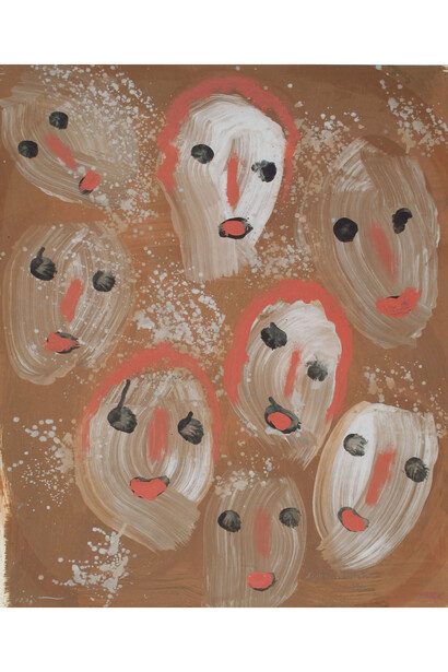 Sybil Gibson, Eight White Faces on Brown, 1994, Acrylic on newspaper, 27.5 x 23 inches; 69.9 x 58.4 cm
