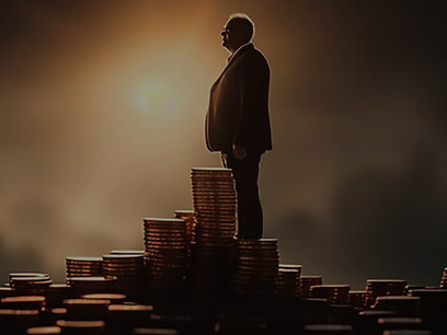 Businessman stands atop skyscraper of money looking towards sunset