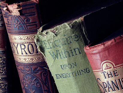 Close up of an antique set of books