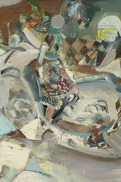 Katy Moran, Two Faced Cat, 2013, acrylic and collage on board, 54.4 x 44.4 cm, 21 3/8 x 17 1/2 ins, Courtesy Stuart Shave/Modern Art, London