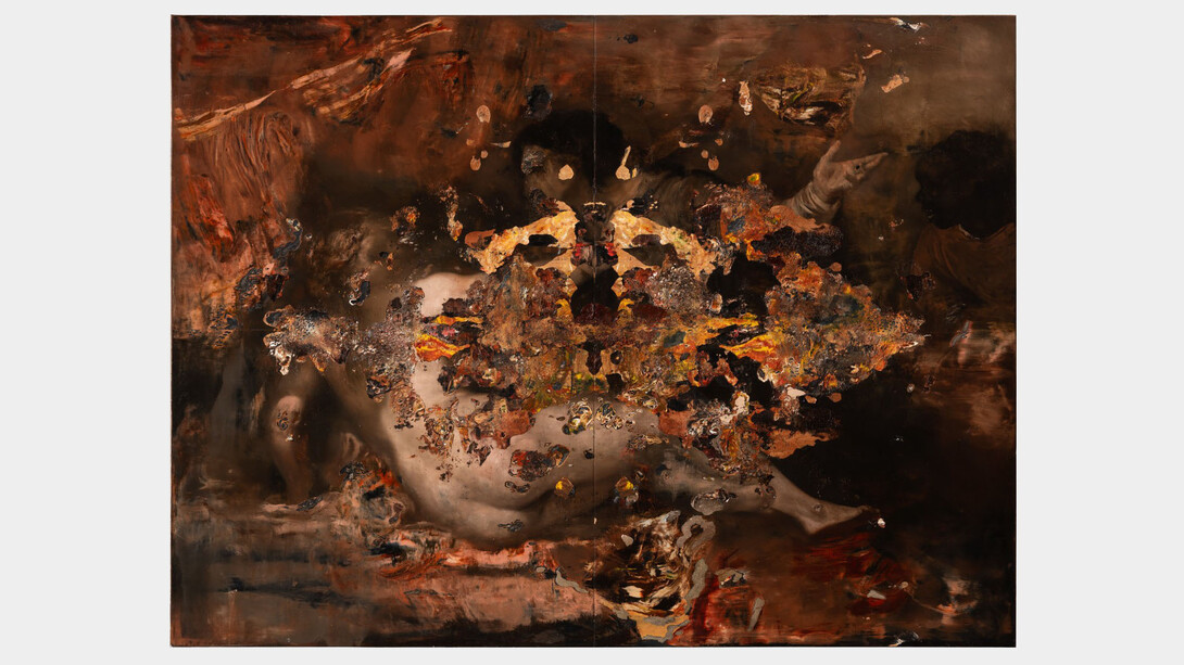 Nicola Samorì,
The Roman Butterfly, 2023-24. Oil on linen,
150h x 200w x 4.50d cm,
59.06h x 78.74w x 1.77d in. Courtesy of the artist and Nicodim Gallery