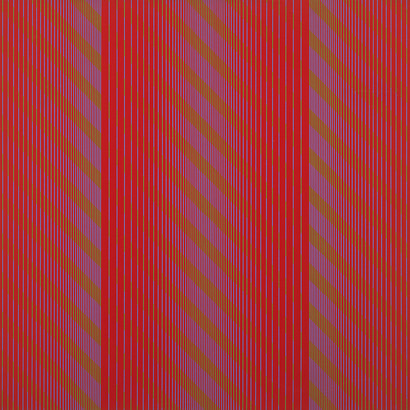 Julian Stanczak, Red Trilogy, 1969, Acrylic on canvas, 36 by 36 1/8 in.  91.4 by 91.8 cm. Courtesy of the artist and Mitchell-Innes & Nash, NY