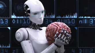 An artistic 3D illustration of an AI-powered cyborg holding a human brain