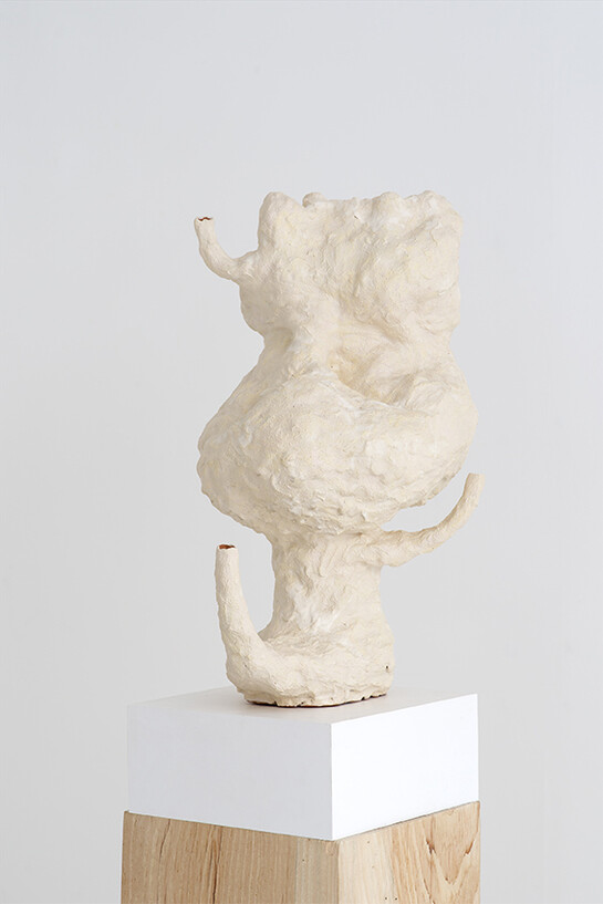 Arlene Shechet, Pucker Up, 2007-13, Glazed earthenware, hydrocal, hardwood, 187 x 39 x 33 cm, Signed underside for ceramic