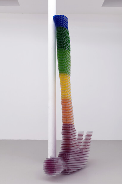 Matthew Darbyshire, CAPTCHA n°3 - Hammer, 2014, Digital media hand drawn and cut in polycarbonate sheet, 110 x 300 x 30 cm, Courtesy: the artist, Galerie Jousse Entreprise, Paris & Herald Street, London