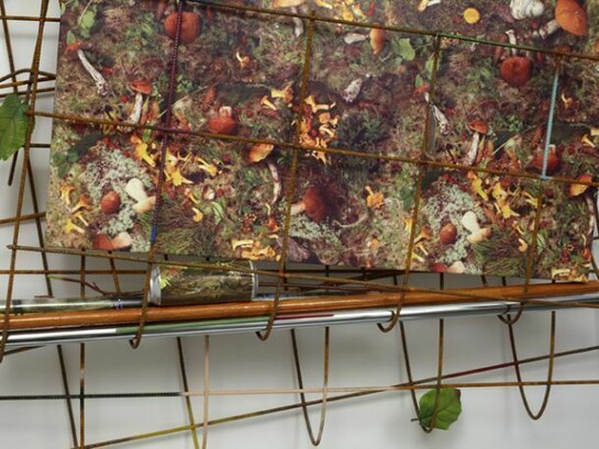 Jack Lavender, Dreams Chunky 2, 2013, Metal, magnets, fake leaves, metal pole, wooden pole, poster, incense stick, mop handle, pen knife, energy drink can, glass bottle, table cloth, fake plant, paper. 145 x 156x32 cm, 57.1 x 61.4 x 12.6 ins, AP-LAVEJ-00072
