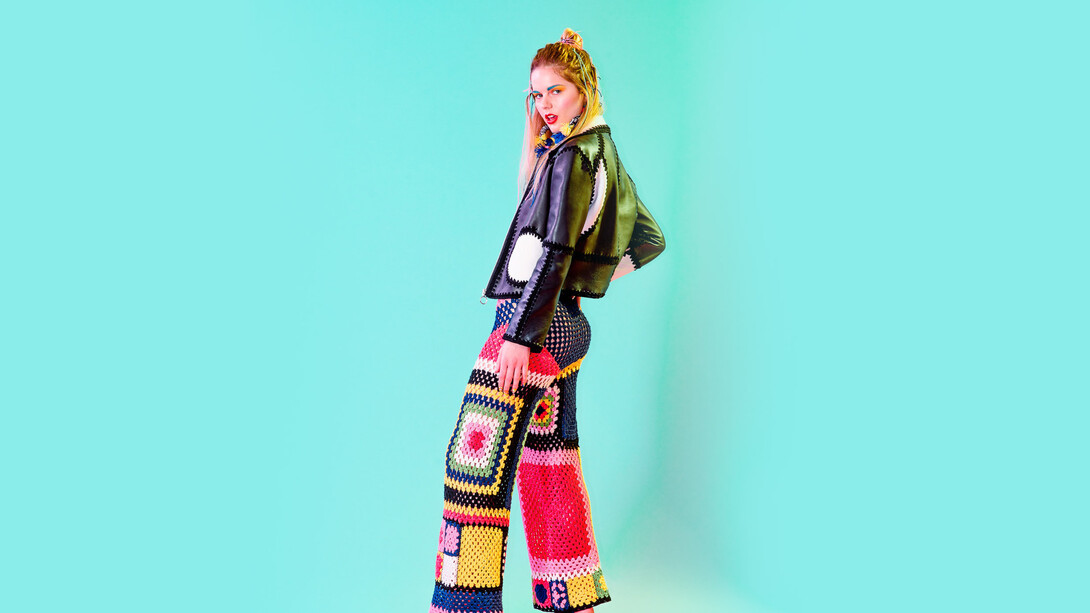 Outfit made from leather off-cuts and surplus yarn, Katie Jones, 2017. Photograph by Rachel Mann