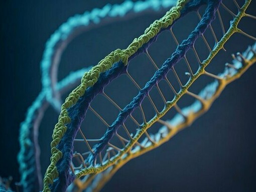 A futuristic visualization of synthetic DNA constructs, symbolizing the beginning of programmable biology and digital life