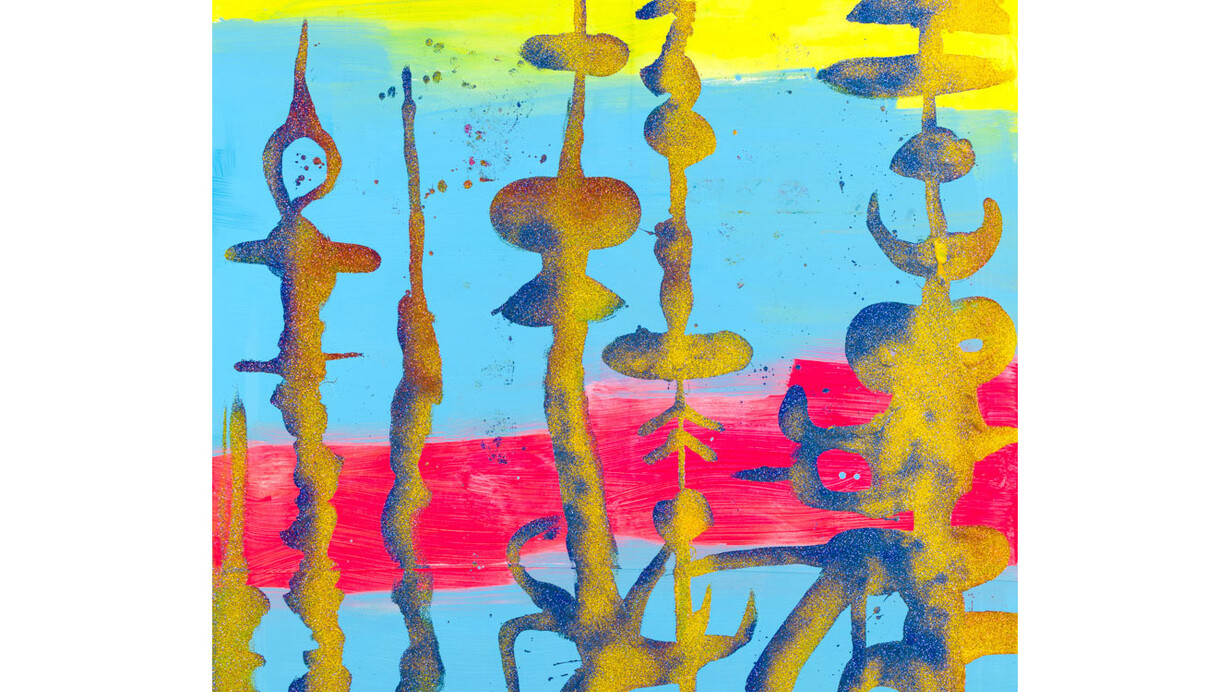 Chris Martin, Untitled, 2014,Acrylic, oil and glitter on canvas, 88 x 77 inches (223.5 x 195.6 cm). Courtesy of the artist and Anton Kern Gallery, New York