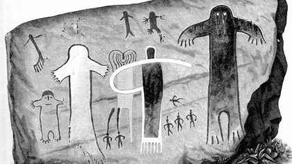 Representación histórica de los pictogramas indígenas de Painted Rock (Condado de Tulare, California), registrada por Garrick Mallery en 1889. Estas figuras antropomorfas en las paredes de la reserva nativa son asociadas por la tradición Yokut con el mito de Mayak Datat (el "Hombre Peludo")