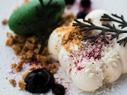 Un dessert magnifiquement servi sur une assiette comprenant du chocolat, de la glace et de la sauce aux baies