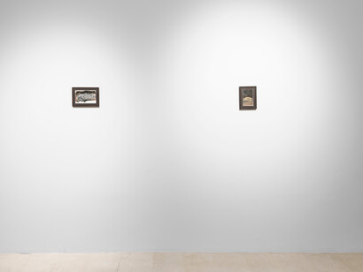 Justin Bradshaw, 9 paintings of drapery and eggs, exhibition view. Courtesy of Amanita