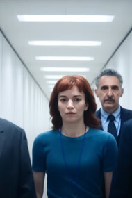 From left to right: Zach Chery as Dylan G., Britt Lower as Helly R., John Turturro as Irving B, and Adam Scott as Mark S.