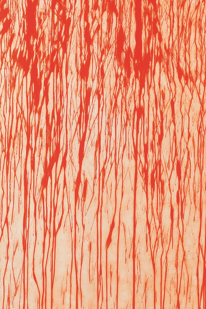 Richard Long, Sweet Old World, 2014, A single panel carborundum relief printed in Vermilion/Ruby Madder/Primrose ink mix on Hahnemühle Etching White 350 gsm paper, 194 x 121.5 cm, Edition of 3, Courtesy Richard Long and Alan Cristea Gallery, London
