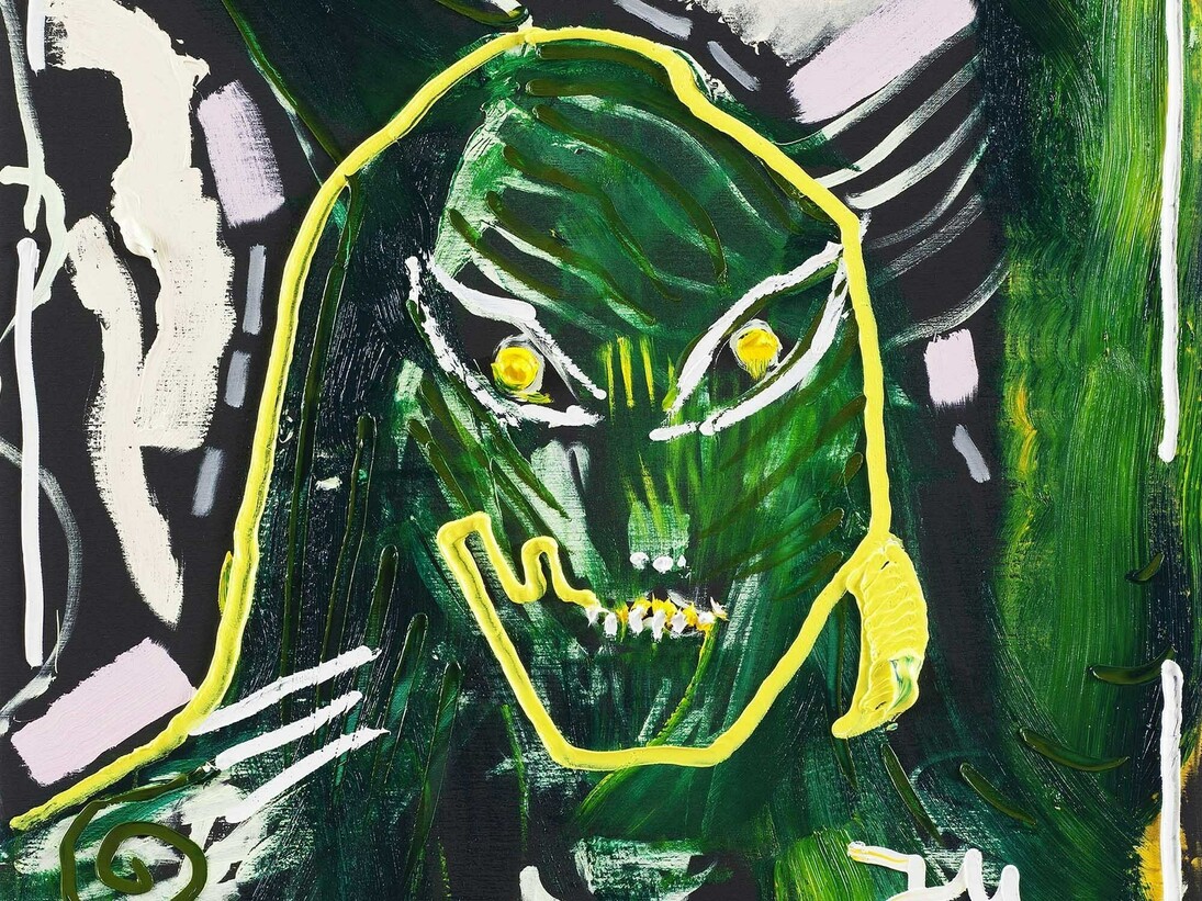 Jonathan Meese, "ZEDOZ, DER GRÜNE UNHEIMLICHE RUFT DICH HEUTE AN..." 2014, oil and acrylic on canvas, 100.5 x 80.3 x 3.3 cm, 39 5/8 x 31 5/8 x 1 1/4 ins (detail), Copyright the artist; Courtesy the artist and Stuart Shave/Modern Art, London