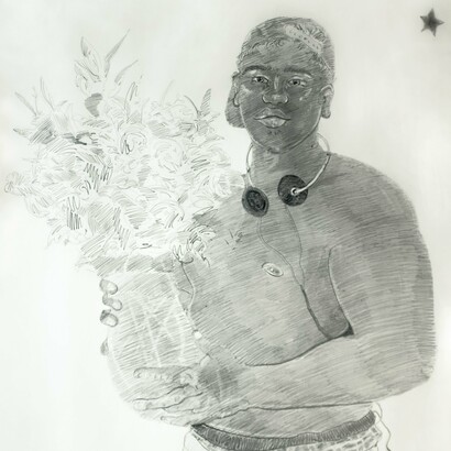 Ricardo Partida,
Vecinito Mamaflex (detail), 2024,
Graphite on paper,
40h x 30w in
. Courtesy of the artist and Selenas Mountain