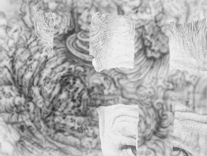 Jim Shaw, Partial Ripped-Up Face + Leonardo "Deluge", 2012, Pencil and airbrush on paper, 22 1/4 x 30 1/4 in (56.52 x 76.84 cm)