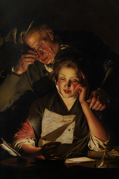 Joseph Wright 'of Derby', A girl reading a letter with an old man reading over her shoulder, about 1767-70. Courtesy of the National Gallery © Derby Museums