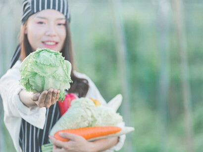 Harvesting fresh produce from an organic farm, a chef demonstrates the principles of sustainable agriculture and organic farming
