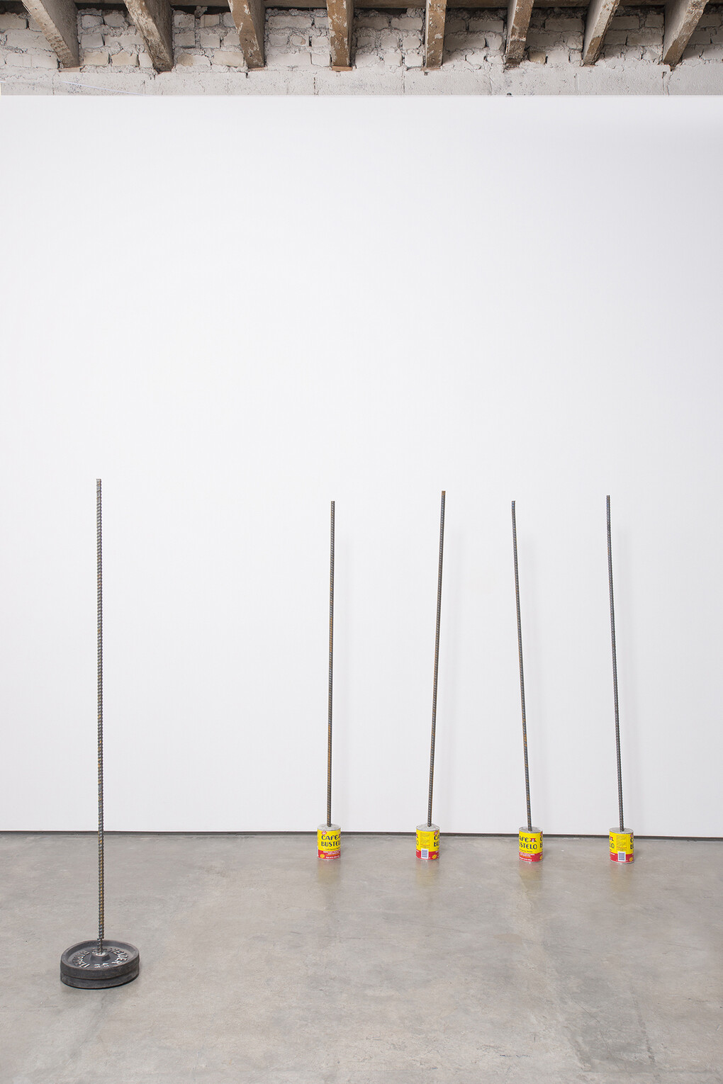 Will Boone, mic stand I-V, 2015, coffee cans, concrete, rebar, steel, dimensions variable, Image courtesy of the artist and Simon Preston Gallery