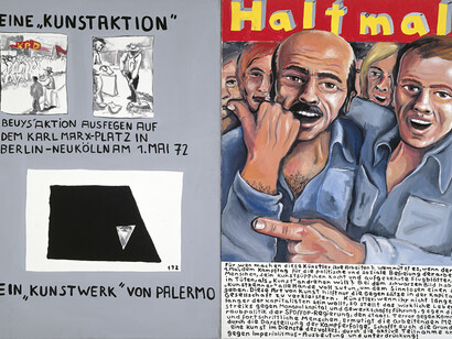 Jörg Immendorff, Eine 'Kunstaktion'-Halt mal!
1973, Acrylique sur toile en 2 parties, 130 x 200 cm, Photo: inconnu – droits réservés © Courtesy of Galerie Michael Werner Märkisch Wilmersdorf, Cologne & New York