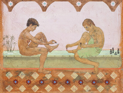 After the Bath, 2012-13 21 x 25 inches, fresco secco on plaster over panel on foam core by Phyllis Palmer