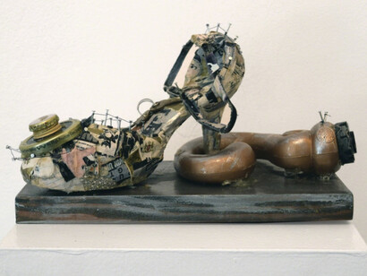 Fountain House Gallery, Deborah Standard, Shoeing Away Rights, 2015, paper maché with street trash, 7 x 12 x 7 inches