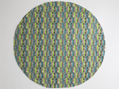 Roberto Burle Marx textile in green, blue, black and white. 88" L x 86" W / 223.5cm L x 218.4cm W. Photo: Joe Kramm/R & Company. 