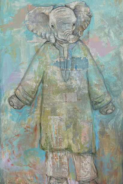 Linda Mitchell, Benevolence (detail). Acrylic, pencil, and fabric on canvas 60 x 36. Courtesy of Thomas Deans Fine Art