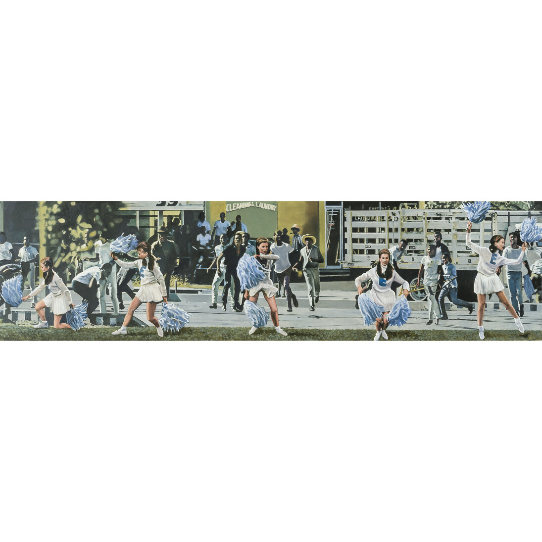 Martin Mull, End Zone, 2014, 	Oil on panel, 10 5/8 x 40 1/2 in.