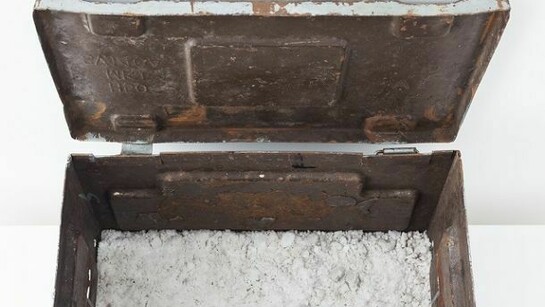 Peter Matthews, The Invisible Made Visible (2013); salt from the Atlantic and Pacific Ocean and steel box. Length 46x28x26cm