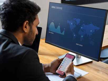A business professional analyzing financial graphs and data visualizations for digital marketing insights