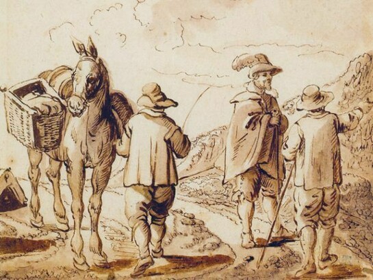 Jan Brueghel il Giovane, Incontro tra viaggiatori, 1630 ca. Acquerello bruno e inchiostro bruno su carta, 17×16,7 cm. Bruxelles, collezione privata