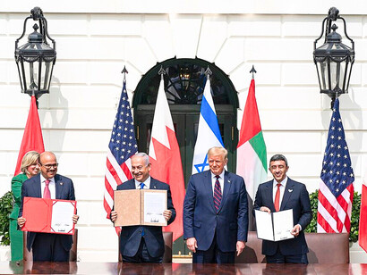 The Abraham Accords were signed in 2020 by US President Donald J. Trump, Bahraini Foreign Affairs Minister Dr. Abdullatif bin Rashid Al-Zayani, Israeli Prime Minister Benjamin Netanyahu, and United Arab Emirates Foreign Affairs Minister Abdullah bin Zayed Al Nahyan