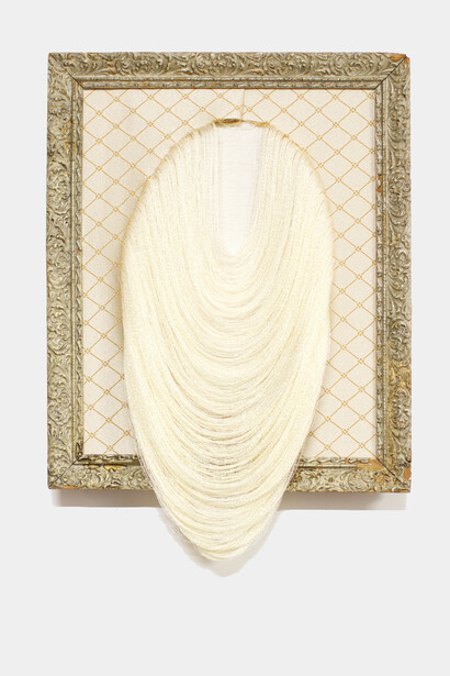 Golnaz Payani,
The Portrait 09, 2023,
wool and silk fabric, painted wooden frame, moldings and
gilding,
18 1/8 x 15 in,
46 x 38 cm. Courtesy of the artist and Praz-Delavallade