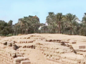 Akhenatón y Nefertiti cambiaron el cielo. Pero el país siguió hablando el idioma de siempre: la vasija al hombro, la fila junto al pozo, el turno para beber. Amarna - Restos del puente que cruzaba la antigua avenida real