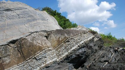 Isola di Hovedøya, Norvegia. Contatto fra calcari granulari ordoviciani (chiari) e argilliti scure del Siluriano