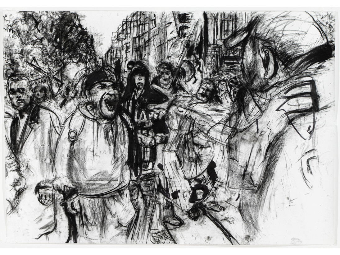 Erik van Lieshout, Untitled, 2014, Charcoal, acrylic, spray paint, ink and vinyl on paper, 59 1/16 x 98 7/16 inches (150 x 250 cm) © Erik van Lieshout. Courtesy Anton Kern Gallery, New York