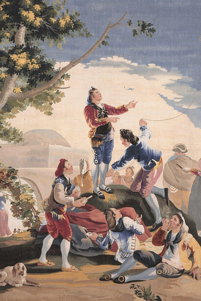 Tapeçaria da Real Fábrica de Tapeçarias de Santa Bárbara, Espanha. Segundo desenho de Francisco de Goya e Lucientes, A pipa (detalhe), 1778-1801. Cortesia do Museu Nacional de Belas Artes