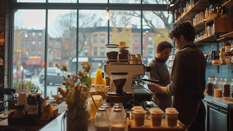 Baristas prepare coffee in a cozy café, illuminated by warm lighting and lined with an array of curated products