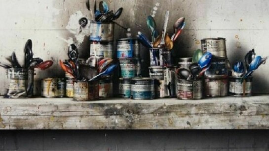 César Galicia, Paint Cans, 2012, mixed media on board, 21 5/8 x 33 1/2 inches