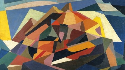 Enrico Prampolini, Simultaneità architettonica, c. 1921,Olio su tavola, 50.8 x 82.4 cm, Collezione M. Carpi, Roma
