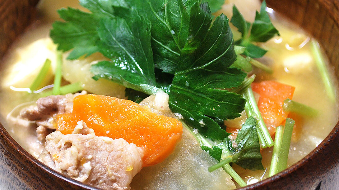 A comforting miso soup made with tender slices of pork and a mix of fresh vegetables, simmered in a savory miso broth. This nourishing soup blends rich umami flavors with hearty ingredients for a satisfying and gut-friendly meal