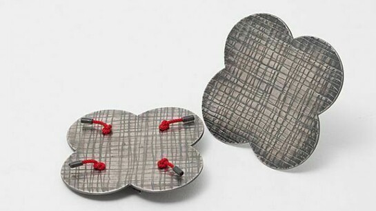 Susan Cross, Poppy Brooches, oxidised silver, Korean red braid cross, Photograph: William Van Esland