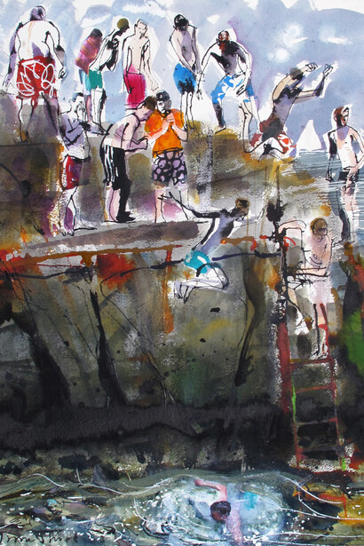 John Short, Boys Jumping, Forty Foot, Sandycove, County Dublin, ink, watercolour and collage, 44 x 60 cm