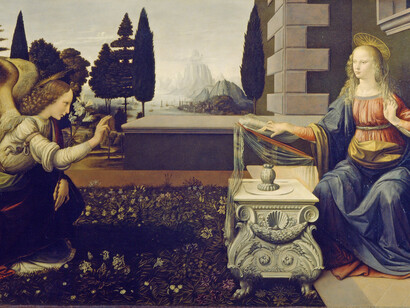 Leonardo da Vinci (1452–1519) "Anunciación"
Pintura, María y Gabriel, circa 1472, Galería Uffizi, Florencia, Italia