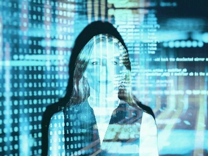 Woman with coded numbers from artificial intelligence
