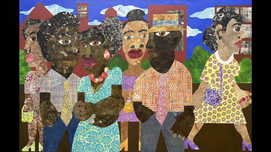 Evita Tezeno, The Rhythm of Street Life, 2023, mixed media collage and acrylic on canvas, 48x72x1.5 inches. Courtesy of the artist and Luis De Jesus, LA