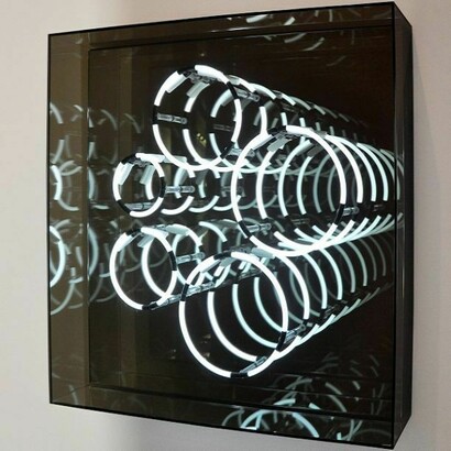 Brigitte Kowanz, Focus, 2013, neon, mirror, 35 x 35 x 7 inches, Edition of 3